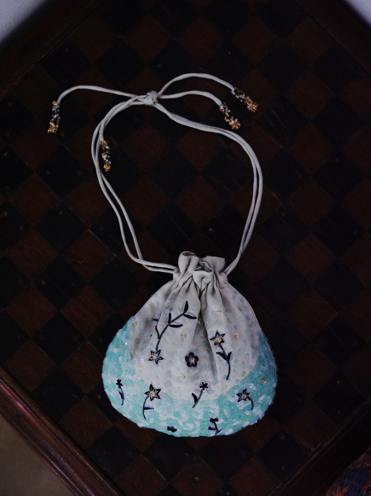 Birdsong Garden Silk Satin Mint Potli
