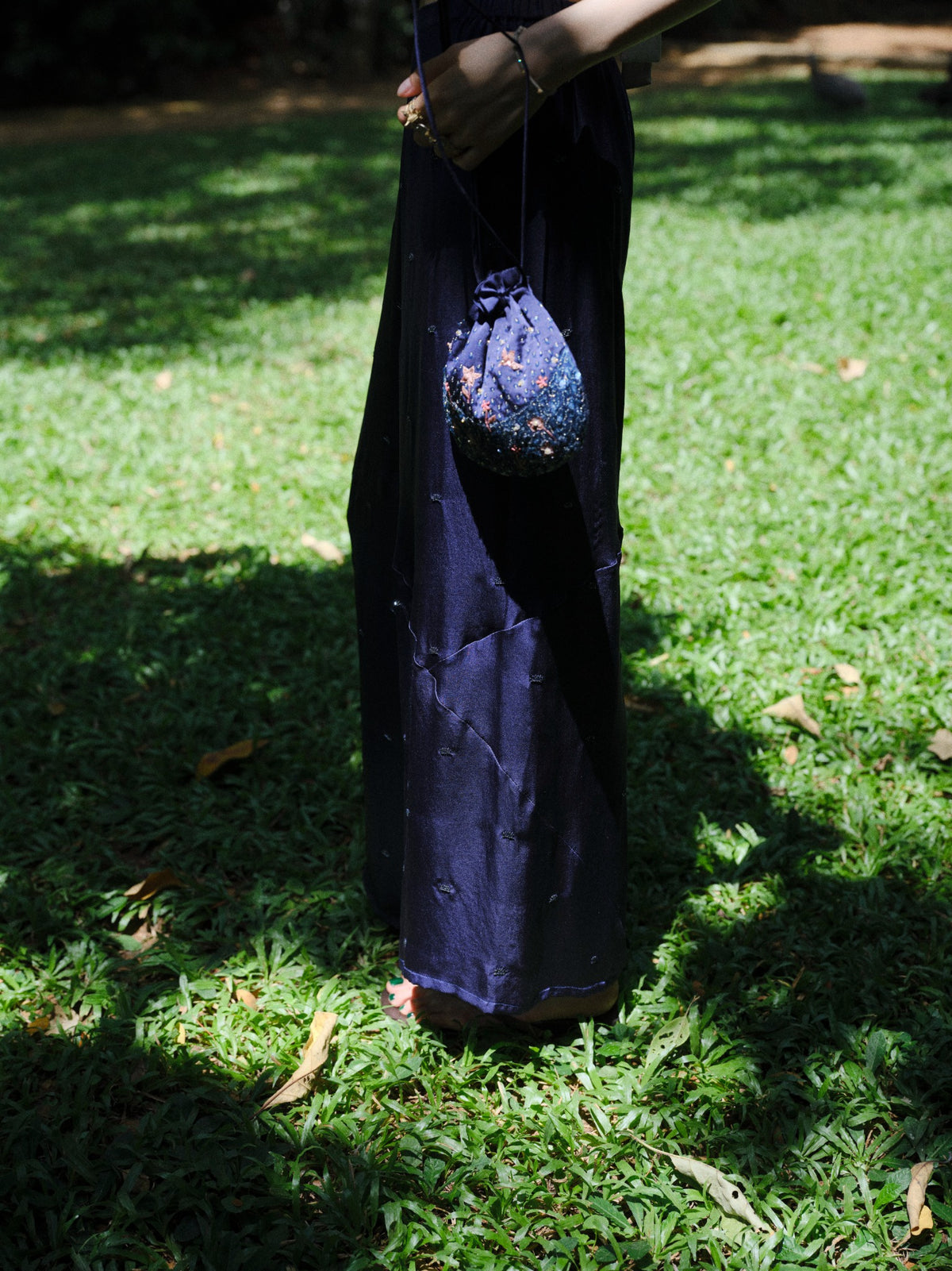 Birdsong Garden Silk Satin Navy Potli