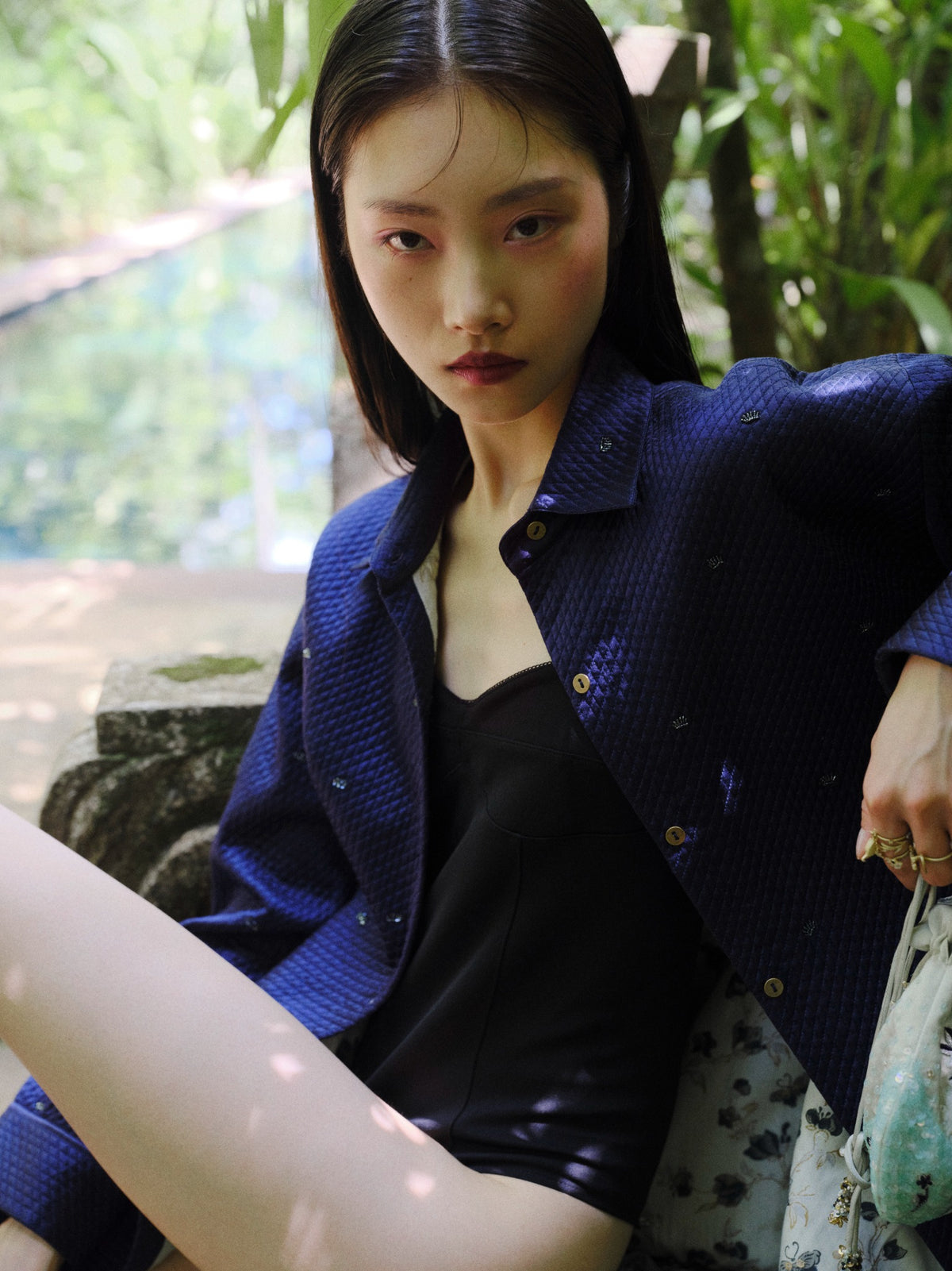 Lotus Petals Navy Slik Quilted Shirt