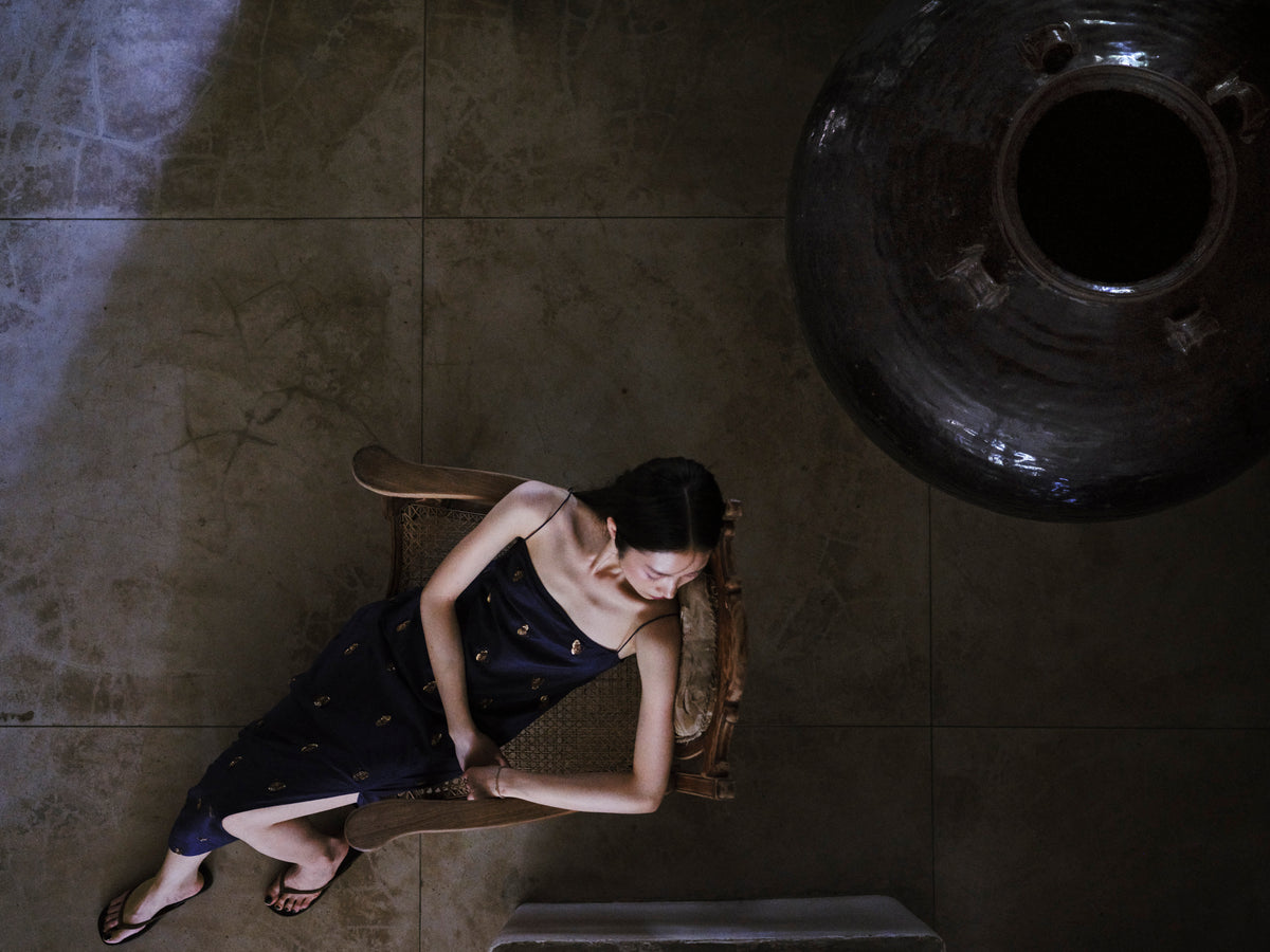 Butterfly Dance Silk & Cotton Navy Dress