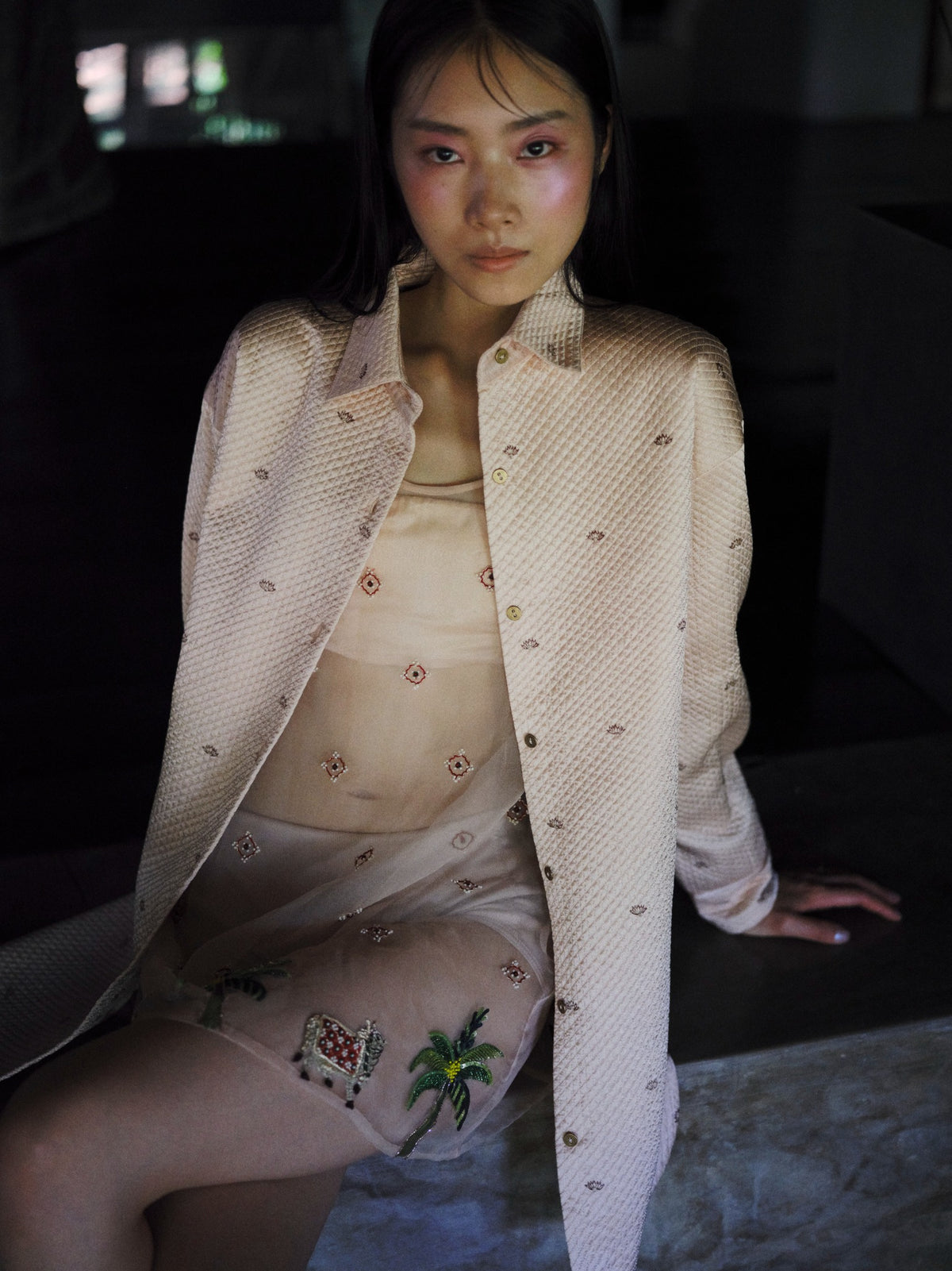 Lotus Petals Peach Slik Quilted Shirt